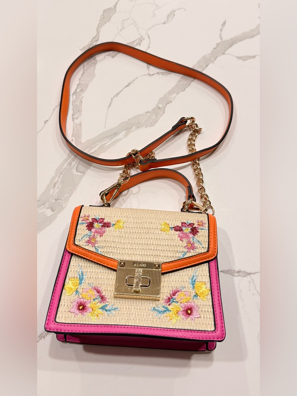ALDO Floral Embroidered Straw Top Handle Crossbody Bag Pink Orange⁠ Strap - Picture 3 of 8